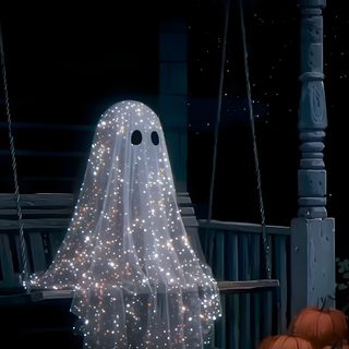 some pumpkins are sitting on the porch with lights in them and a ghost hanging from it's side Halloween Glitter Iphone Halloween Vintage, Watch, Halloween Backgrounds, Iphone Background, black