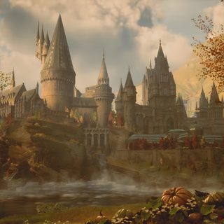 an image of a castle in the middle of trees and water with fall foliage around it Hogwarts Halloween Desktop Hogwarts Classes, Hp, Harry Potter Fondos De Pantalla, dark olive green