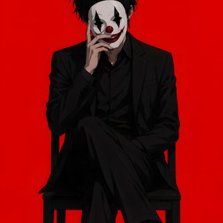 a man sitting in a chair with his face painted like the joker from it's movie Joker Halloween red