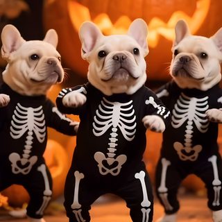 three french bulldogs dressed up in skeleton costumes, standing next to pumpkins and jack - o'- lanterns Halloween French Bulldog Halloween, saddle brown