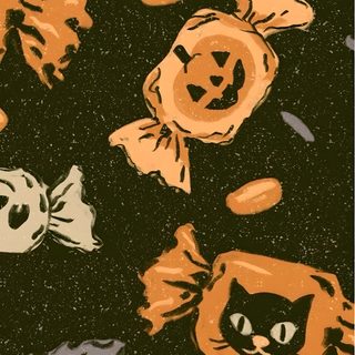 a black background with orange and white cat heads on it's head, surrounded by pumpkins Baggu Halloween black