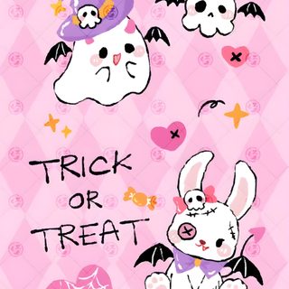 a pink background with skulls, bats and hearts on the bottom right corner is an image of a white rabbit wearing a purple hat that says trick or treat Cute Bunny Halloween Cute Halloween, Witch, Halloween, misty rose