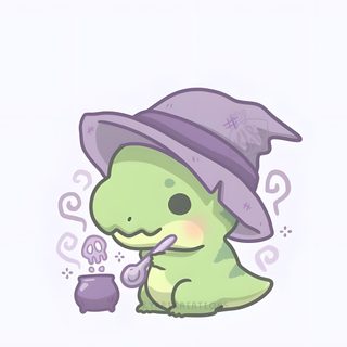 a green dinosaur wearing a purple hat and holding a pipe with steam coming out of it Cute Halloween Dinosaur Dinosaur Tattoos, Dinosaur, Animal Doodles, Kawaii Illustration, ghost white