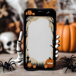 a cell phone with halloween decorations on it and a skeleton holding an empty paper in front of the screen Modern Smartphone With Halloween Spooky Social Media Backgrounds, Blank Halloween Invitation Background, Halloween Stationery Background, rosy brown