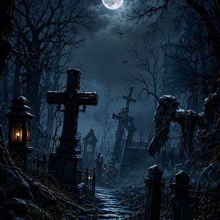 a creepy cemetery at night with the moon in the sky Halloween Graveyard black