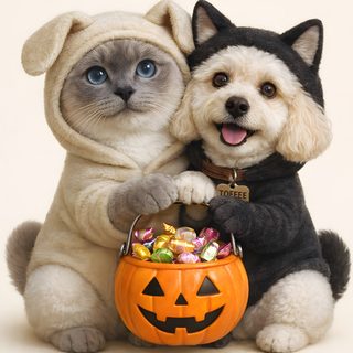 two cats dressed up like dogs and one is holding a pumpkin basket with candies in it Cute Dog And Cat Halloween Fall Dog And Cat, Cute Dog And Cat Halloween, Cute Halloween Puppy, wheat