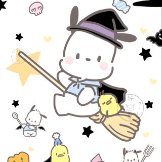 a cartoon character flying through the air holding a broom Pochacco Halloween Pochacco Halloween Pfp, Pochacco Pumpkin Painting, Halloween Pochacco, white