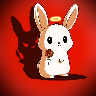 a cartoon bunny holding a donut in front of a black cat on a red background Halloween Bunny Bunny With Red Eyes Cartoon, Evil Angel Bunny, Cartoon Bunny With Red Eyes, firebrick