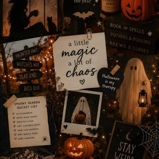 halloween decorations and cards are displayed in front of a window with candles, pumpkins and other items Halloween Collages black