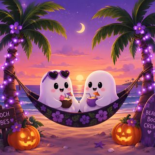 two ghostes are sitting in a hammock on the beach Halloween Tropical dim gray
