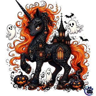 a black unicorn with orange hair standing in front of a castle Halloween Unicorn antique white