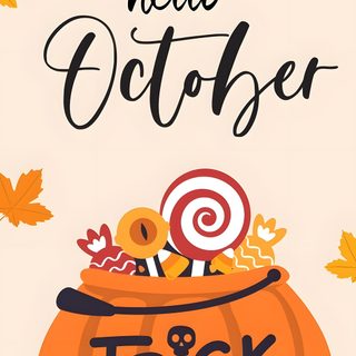 an orange pumpkin with candy and candies in it that says, hello october trick & treat Halloween Hello October October Iphone, Happy October, Disney October, Hello October Halloween, antique white