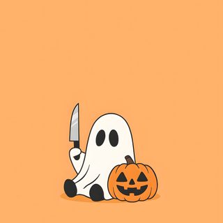 a cartoon ghost laying on the ground with a knife in it's mouth and holding a pumpkin Halloween Smartwatch Halloween Home Screen, Cute Aesthetic Halloween, Aesthetic Pictures Halloween, sandy brown