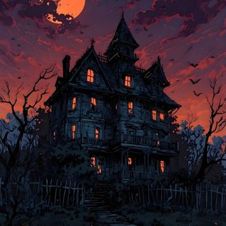 a creepy house with the moon in the background Vintage Halloween Haunted House Haunted House Art, Haunted House Illustration, Spooky House Poster Design, black