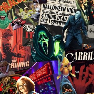 a collage of horror movie posters and stickers Halloween Movie Themed Classic Horror Film Posters, Halloween Decoration Ideas, Horror Movie Night Inspiration, dark slate gray