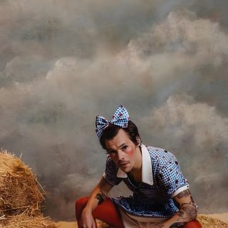 a woman sitting on top of hay bales in front of a cloudy sky with clouds Harry Styles Halloween Harry Styles Dress, Harry Styles Halloween, Harry Styles Updates, Tippi Hedren, gray