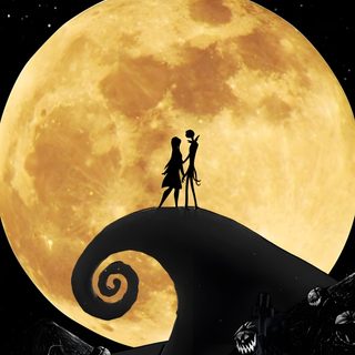 the silhouettes of two people standing on top of a hill in front of a full moon Halloween Tim Burton black
