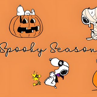 snoopy season with pumpkins and jack - o'- lanterns on an orange background Snoopy Halloween Chromebook Aesthetic Snoopy Fall Desktop, Snoopy Halloween Ipad, Snoopy Fall Laptop, coral