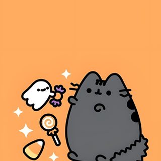 an animal eating food from a bowl on top of a orange background with the words hello kitty written below it Preppy Halloween Cat Pusheen Aesthetic, Pushers Halloween, Pusheen Autumn, Pumpkin Cat, sandy brown