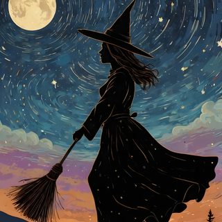 a painting of a witch flying through the night sky with her broom in her hand Halloween Witch For Bedroom Fall Witch, Witch Broom, Witches, Witch Phone, dark slate gray