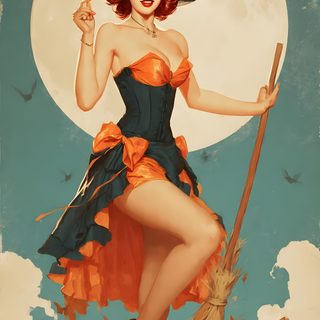 a painting of a woman dressed as a witch Halloween Pin Up Pinup Witch, Vintage Pinup Photoshoot, Pinup Photoshoot, Halloween Pin Up, rosy brown