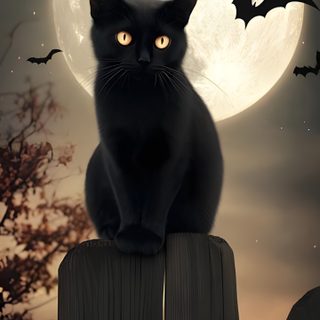 a black cat sitting on top of a fence in front of a full moon and bats Halloween Cat Phone Halloween Cat Background, Halloween Black Cat Background, Halloween Halloween Black Cat, dark slate gray