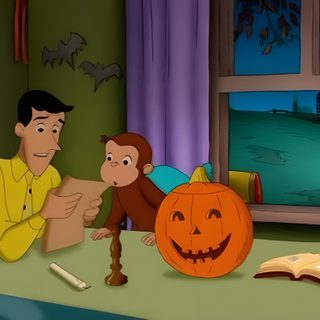 a man sitting at a table next to a monkey and a jack - o'- lantern Halloween Curios George Halloween Curios George, Curious George Widget Halloween, Curious George Halloween, dark slate gray