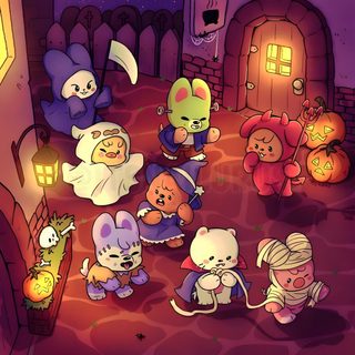 an animated halloween scene with many stuffed animals Skz Halloween Matching Skzoo Pfps, Halloween Skzoo, Halloween Skz, Skzoo Halloween Costume, brown