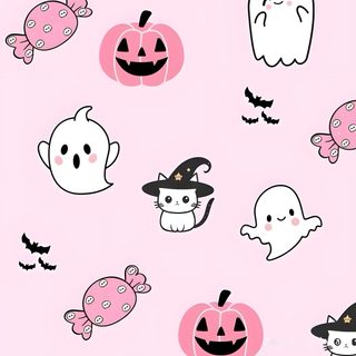 halloween wallpaper with ghost, pumpkins and bats on pink background for kids's room Happy Halloween Pink Cute Halloween Aesthetic Pink, Cute Pink Halloween Iphone, Pastel Pink Halloween Background, lavender blush