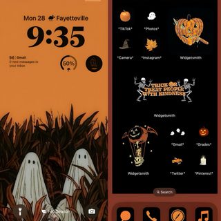 an orange and black halloween theme is on the phone screen Ios 16 Aesthetic Halloween Halloween Home Screen Aesthetic, Halloween Themed Phone Widgets, Halloween Phone Aesthetic, black