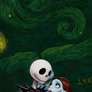 a skeleton hugging a woman in front of a painting Halloween Jack And Sally black