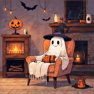 a halloween scene with a ghost sitting in a chair next to a fire place and pumpkins Halloween Fireplace Ghost Sitting In Chair Drawing, Cozy Ghost, Sheet Ghost Illustration, dim gray