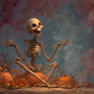 a painting of a skeleton sitting on pumpkins Halloween Skeleton Desktop Halloween, Desktop Halloween, Desktop Spooky, dark slate gray