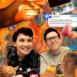 collage of people and their pets in front of an orange background with images of hands holding cats Dan And Phil Halloween 2009 Dan And Phil, Art, sienna