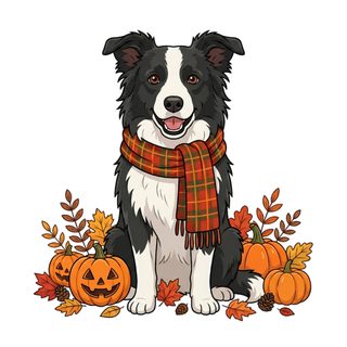 a black and white dog sitting next to pumpkins Halloween Border Collie white