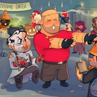 an animated image of people dressed up as clowns and witches in a halloween party Tf2 Halloween Tf2 Halloween Comic, Tf2 Pyro And Medic, Tf2 Mercs As Kids, Tf2 Family, dim gray