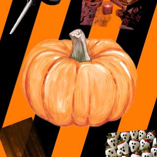 a painting of a pumpkin, dices and a teddy bear on a black and orange striped background Halloween Food dark goldenrod