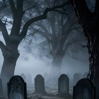 an old cemetery with tombstones and trees in the fog at night, illuminated by lights Halloween Graveyard Grave Background, Vampire Graveyard, Spooky Graveyard, Cemetery At Night, dark slate gray