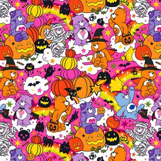 an image of many different cartoon characters on a pink and orange background with stars, clouds, and pumpkins Care Bears Halloween Halloween, Pokemon Halloween Pattern, Care Bear Fall, salmon
