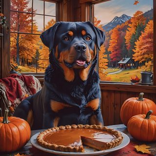 a painting of a dog sitting in front of a pie with pumpkins around it Halloween Rottweiler Rottweiler Dog, Rottweiler, Dogs, saddle brown