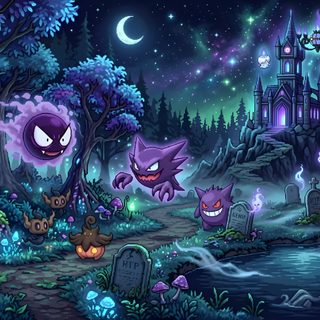 an image of some cartoon characters in the woods at night with glowing lights and trees Pokemon Halloween Haunter Desktop, Gengar Pc, Spooky Pokemon, Gengar Hd Pc, Pokemon Landscape, dark slate gray