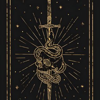 a black and gold tarot card with a dagger on it, surrounded by stars Black And Gold Halloween Elegant Tarot Card Art, Intricate Tarot Card Design, Dark Tarot Card Design,