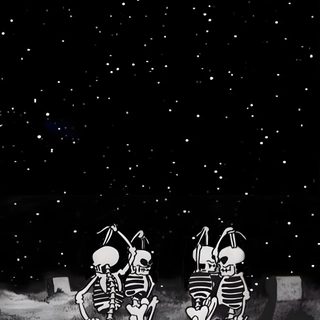 two skeletons are running in the grass with their arms around each other as they look up at the night sky Halloween Skeleton Party Spooky Lockscreen Aesthetic, Spooky Phone Aesthetic, Vintage Spooky Aesthetic, black
