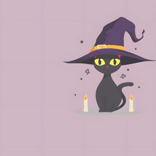 a black cat wearing a witches hat with candles in front of it on a purple background Basic Witch Halloween Halloween Pastel Cat, Witch And Cat Background, Cat Halloween Iphone, Witch Cat, silver