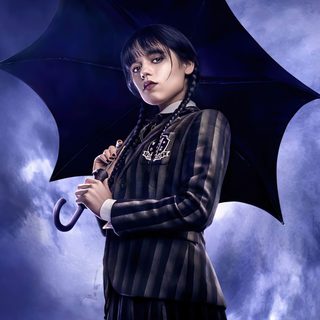 a woman holding an umbrella in front of a cloudy sky Wednesday Halloween Wednesday Addams With Umbrella, Wednesday Netflix Logo Png, Wednesday Addams For Laptop, midnight blue
