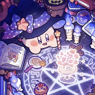 an image of a cartoon character surrounded by other characters and objects on a table top Kirby Halloween Iphone Cute Witch With Magical Items, Halloween Party Decoration Ideas, Halloween Witch Illustration, slate gray