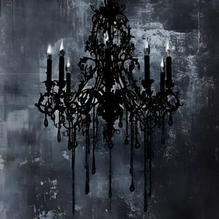 a chandelier hanging from the ceiling in front of a dark wall with dripping paint Halloween Chandelier Chandelier Art, Mural, dark slate gray
