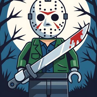 a lego figure holding a knife in front of a full moon with trees and branches Halloween Lego Jason Voorhees Cartoon, Jason Cute, Jason Voorhees Cartoon Images, dark slate blue