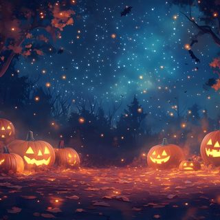 pumpkins lit up in the night sky with stars and lights on them, surrounded by leaves Halloween Evening Custom Halloween Space Background, Cute Halloween Backgrounds Landscape, Halloween Background Spooky, dark slate gray