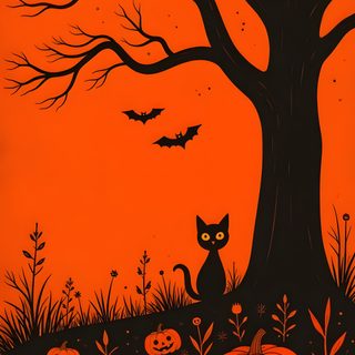 an orange and black halloween scene with a cat sitting under a tree Halloween Tree Halloween Orange, Halloween Black Cat, Halloween, Spooky Trees, Black Cat Halloween, chocolate